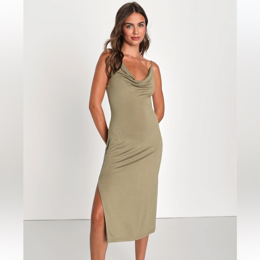 Lulus My Best Side Olive Green Asymmetrical Cowl Neck Midi Dress